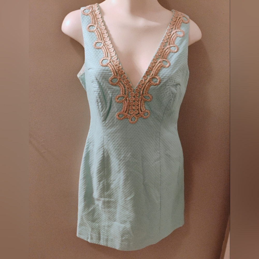 Lilly Pulitzer Suzette Serene Blue Metallic Gold Cording Shift Dress Size 4 $198